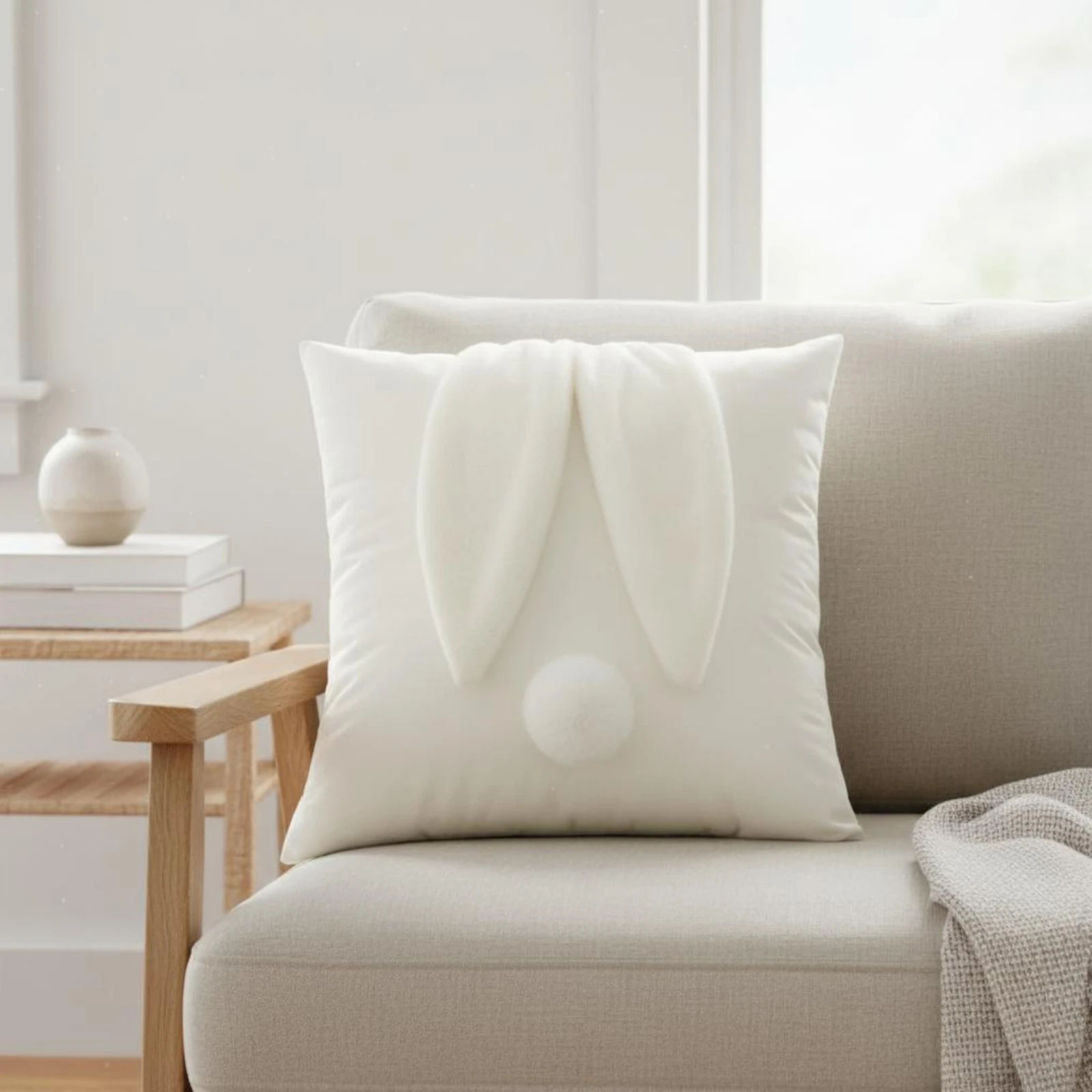 Soft Bunny Pillow Pom-Pom Tail Bunny Throw Pillow Rabbit Shaped Cushion Cute Design Home Decor Ultra Soft