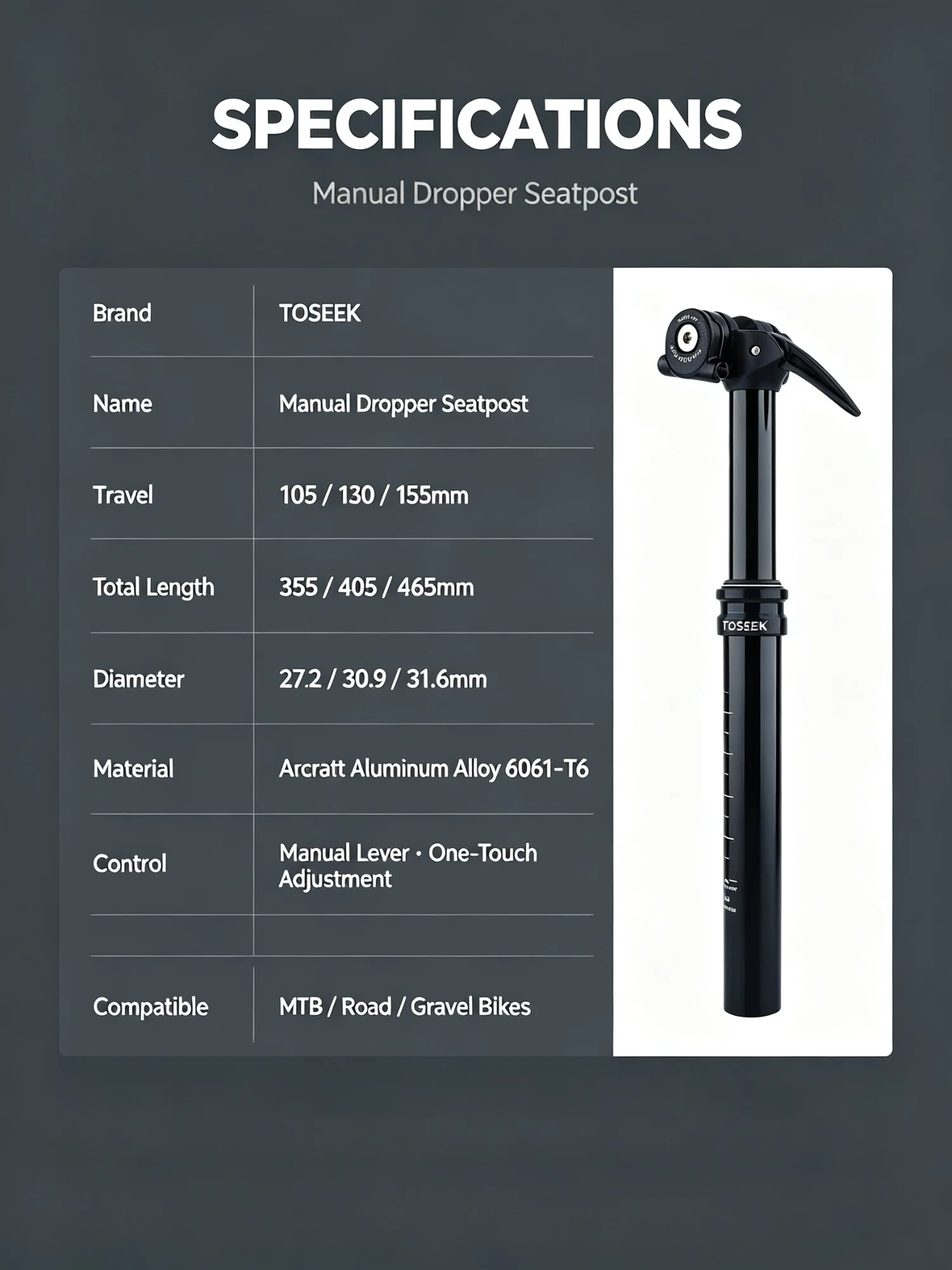 TOSEEK MTB Seat Post Dropper 27.2/30.9/31.6mm 105/130/155mm Travel Mountain Bike Telescopic Seatpost Hydraulic Manual Dropper