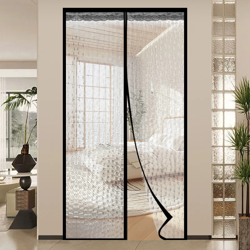 Black EVA Water Cube Pattern Magnetic Door Curtain, Windproof Oil-Resistant Airtight Odor-Proof No-Drill Room Divider for Home