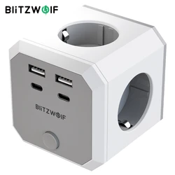 BlitzWolf BW-EC2 8-in-1 Wall Cube Socket EU Plug Power Outlet Extender 4000W with Switch 4 AC Outlets / 2 USB-A / 2 USB-C