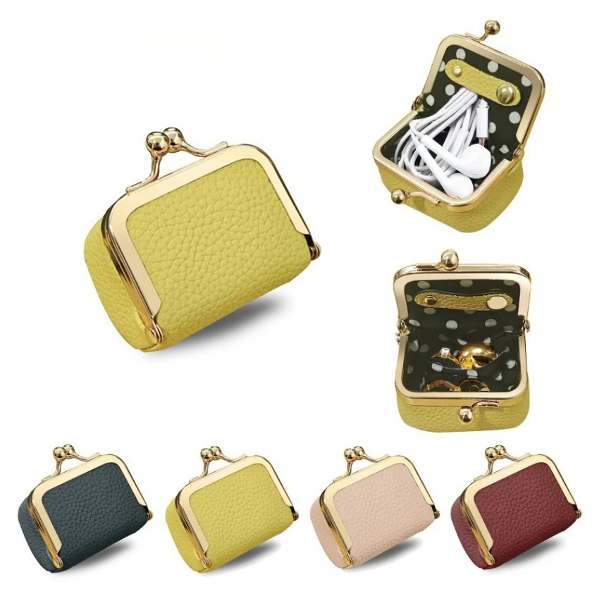 

Compact Exquisite Leather Kiss Lock Organizer Dual-use Earphone Coin Pouch Portable Ring Earring Jewelry Bag