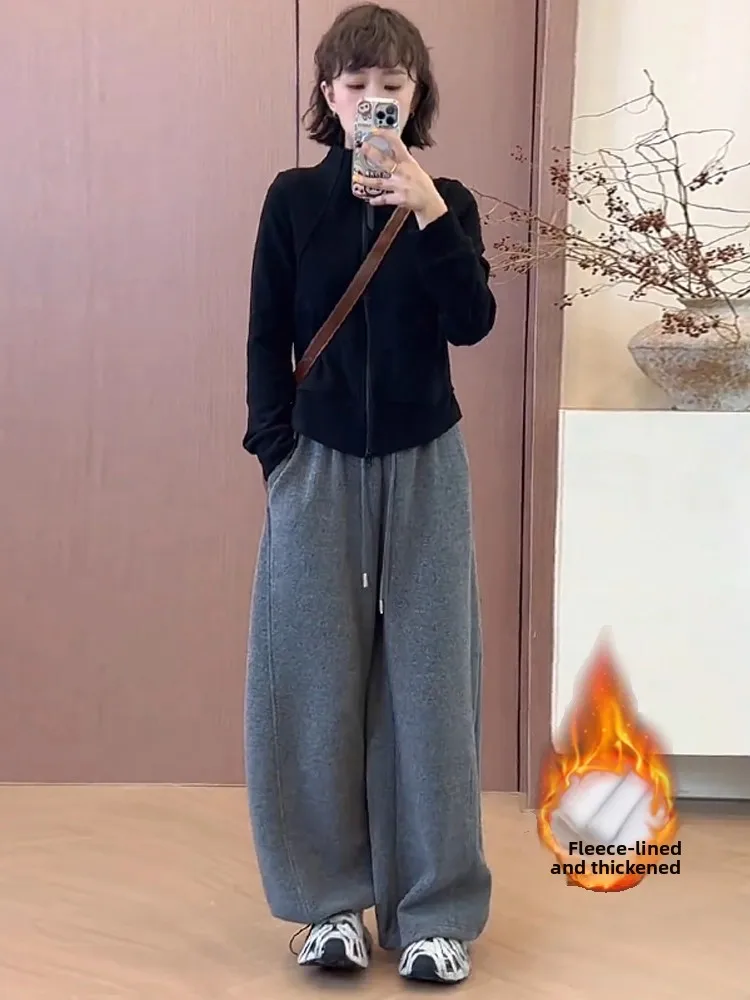 

Модный комплект из флиса с подкладкой: женский осенне-зимний новый стиль, облегающий худи и широкие брюки, повседневный комплект из двух предметов