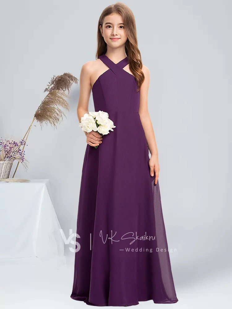 A-line Halter Floor-Length Chiffon Junior Bridesmaid Dress Grape Flower Girl Dress Party for Kids Communion Dress for Juniors