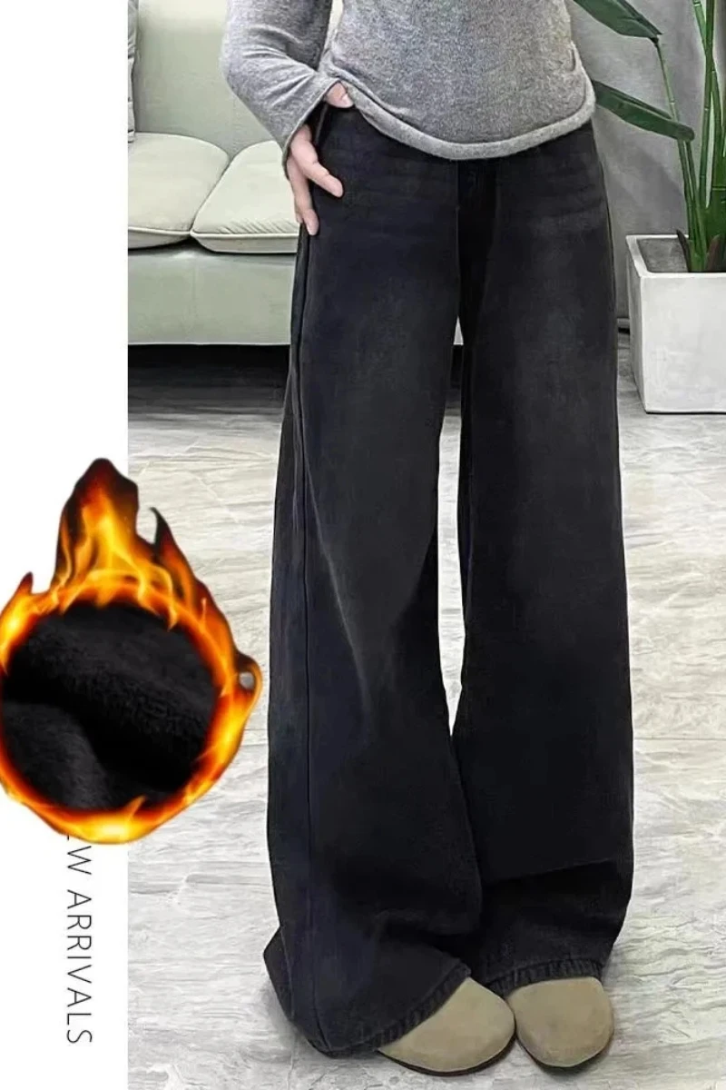 جينز نسائي Y2k بنطلون جينز متوهج أسود رمادي مستقيم الساق شتاء دافئ مبطن بالصوف فضفاض مناسب عالي الخصر واسع الساق موضة #1