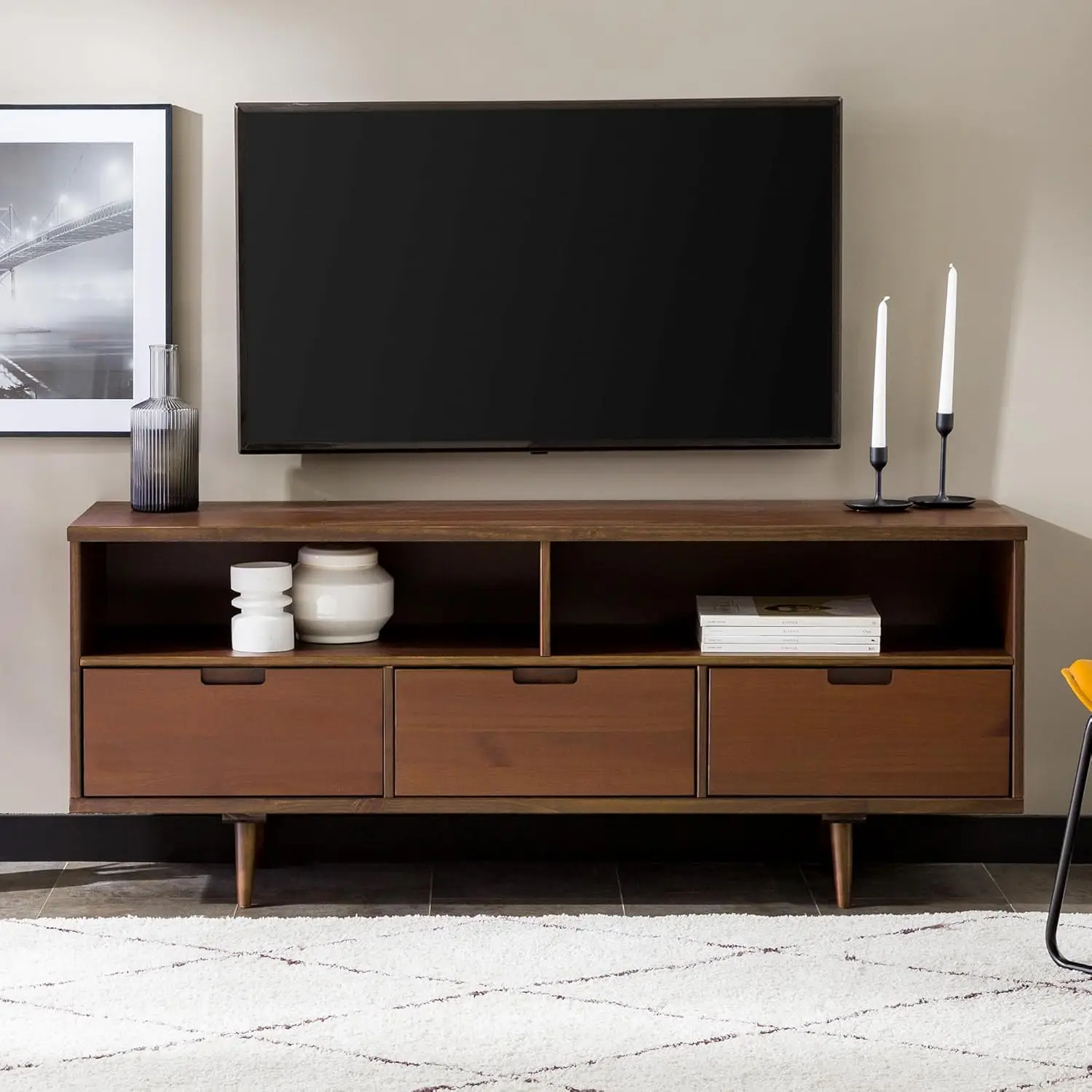 Modern Wood TV Stand para sala de estar, tela plana, porta do armário, Storage Center, Storage Center, 3 gavetas, meados do século, até 65"