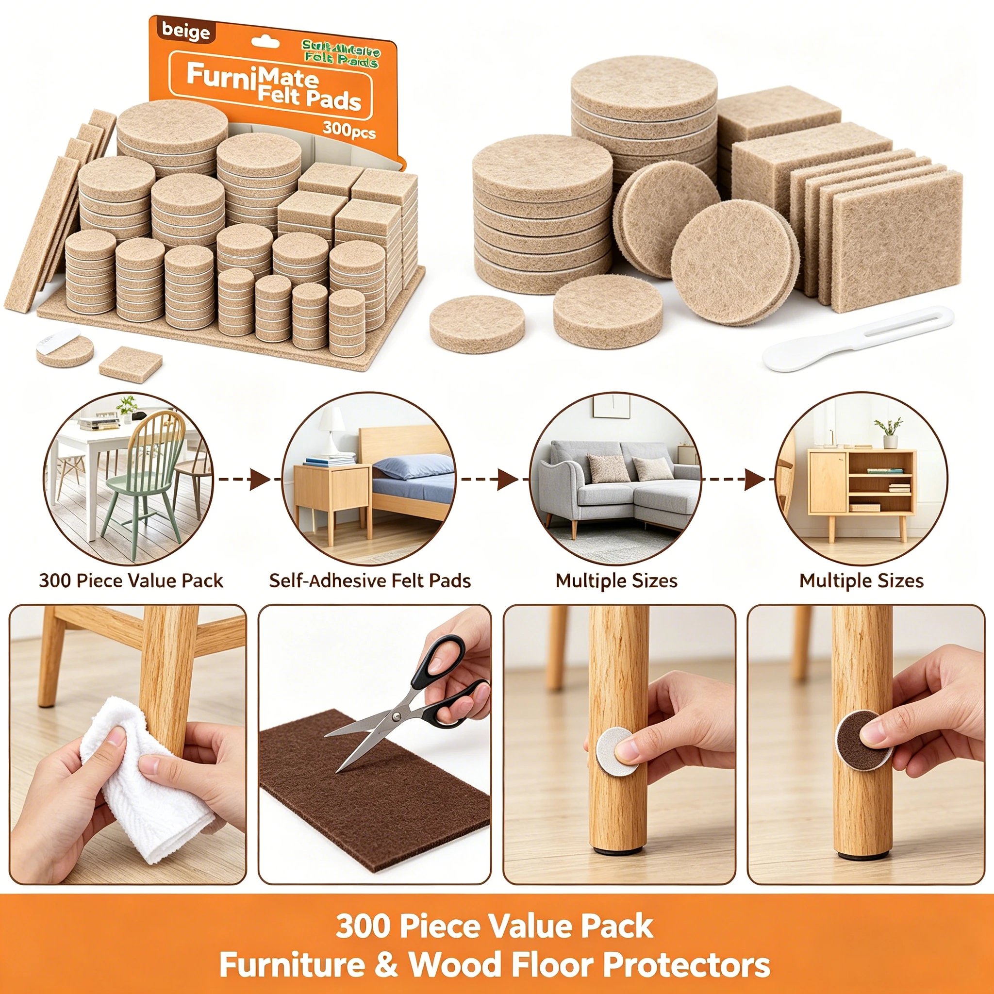 300PCS Felt Chair Leg Pads Self Adhesive Felt Furniture Pads for Protecting Hardwood Floors Silent and Scratch Resistant Pad