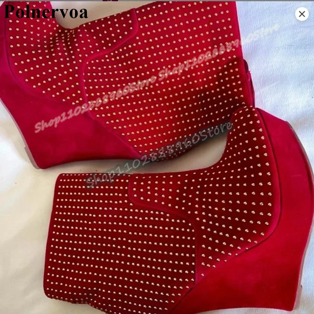 

Red Flock Full Crystals Platform Ankle Boots Wedges High Heel Shoes For Women Side Zipper Pointed Toe Casual Party Women Boots