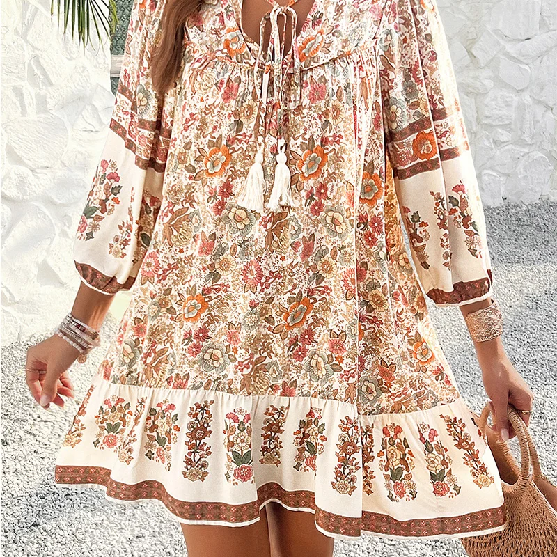Casual Boho Women's Summer Bohemian Printed Mini Dress Sexy V Neck Loose Sundress Holiday Short Dresses Femme Vestidos Платье