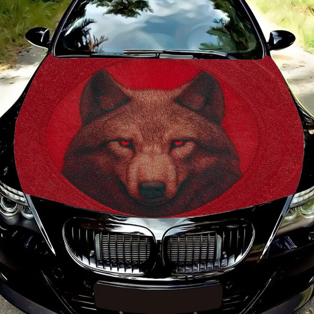 Red Wolf Car Hood Decal Sticker - Splash-Resistant, Easy Removal Durable Vinyl Wrap, Fit For All Vehicles, Car Accessories Gift,