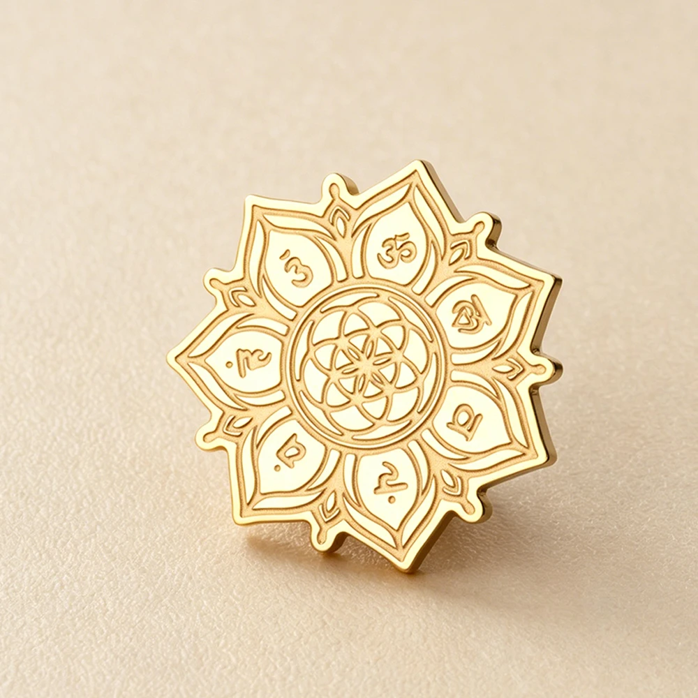 Chakra Mandala Brooch Pin Flower of Life Om Symbol Stainless Steel Lotus Lapel Pin for Suit Jacket Badge Spiritual Yoga Jewelry