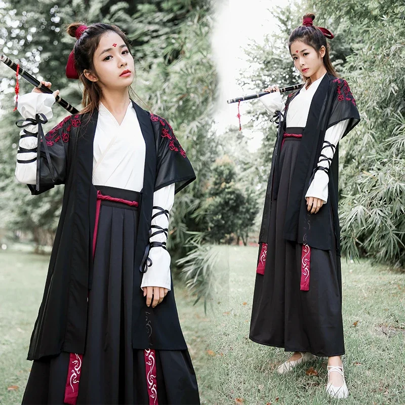 WATER Chinese Traditional Dress Hanfu Women Robe Swordsman Costume Han Dynasty Oriental Outfit Cosplay Clothing Set Black