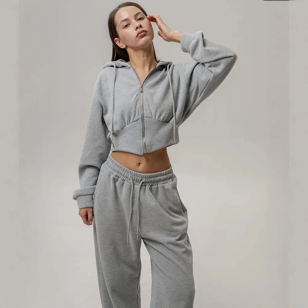 

Autumn New Pants Two-piece Set Casual Women's Suit Long-sleeved Zipper Hooded Sweater Solid Color Lace-upEurope and America