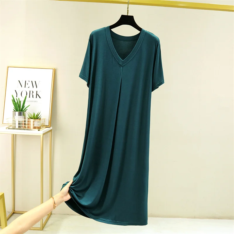 Summer Modal Sleep Dress Women's Loose Short Sleeve V-Neck Home Clothes Nightgown Knee-Length Dress Casual Comfortable Gown