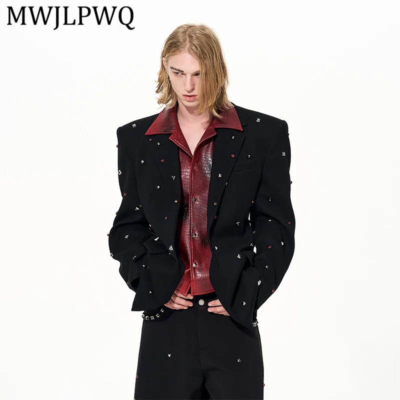 

MWJLPWQ Leather Collar Patchwork Fake Two-Piece Blazer Male Autumn Winter Rivet Design High-End Men's Single Button Suit 13074