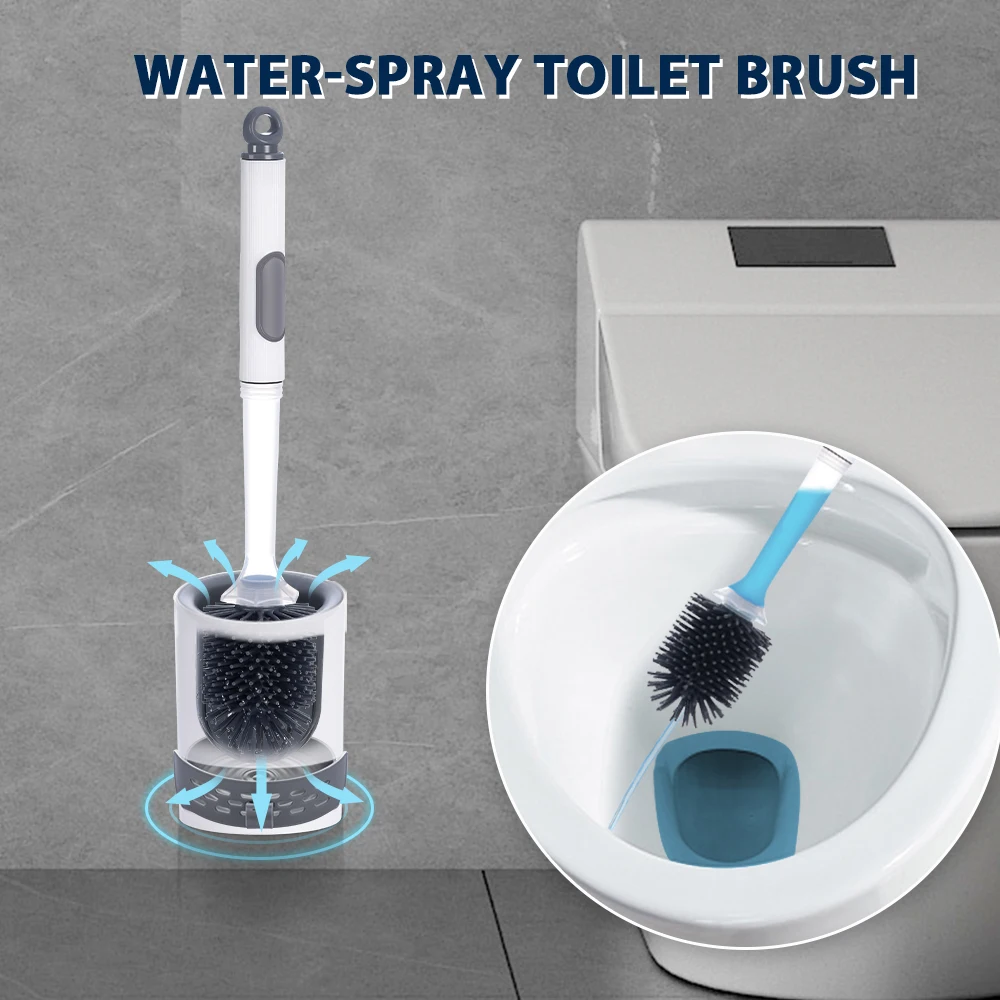 Water Spray Silicone Toilet Brush With Wall-Mounted Breathable Silicone TPR Brush 40cm Long Handle Bathroom Cleaning Accessories