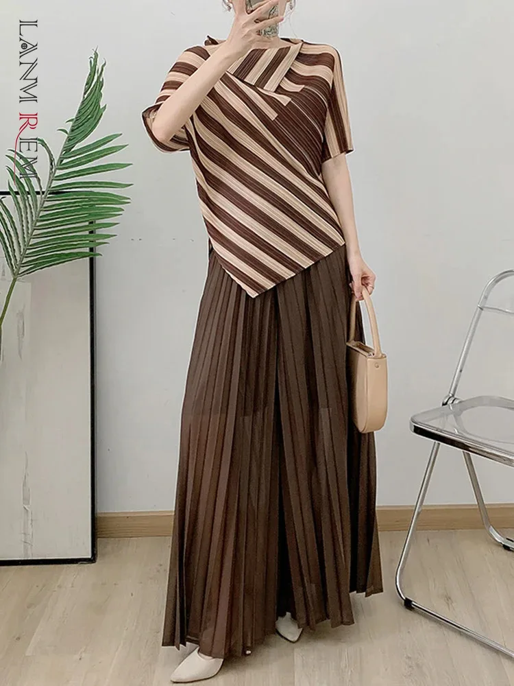 LANMREM 2 Pieces Sets Women Striped Short Sleeves Irregular Shirt Wide Leg Pants Female Elegant Clothing 2025 Spring New 2DB1516