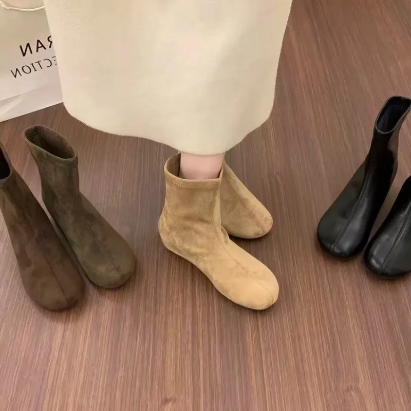 Minimalist Round-toe Suede Stretch Boots, 2026 Autumn New Style, Hidden-height Sock Boots, Chic Slim Fashion Boots