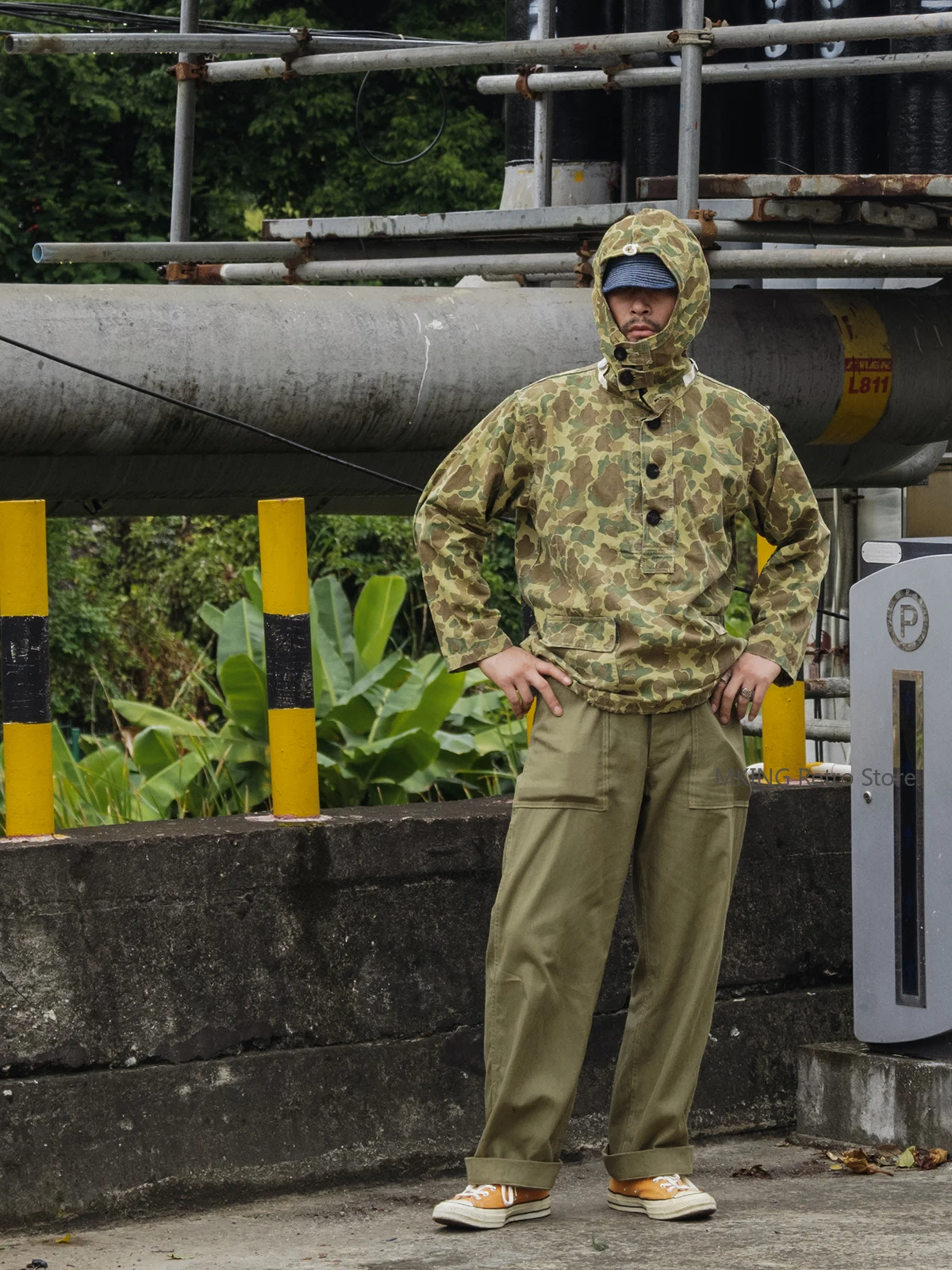 Rugged Bronson Selvage Denim GUNNER SMOCK Artillery Hand Protective Pullover Hooded Camouflage Blouse