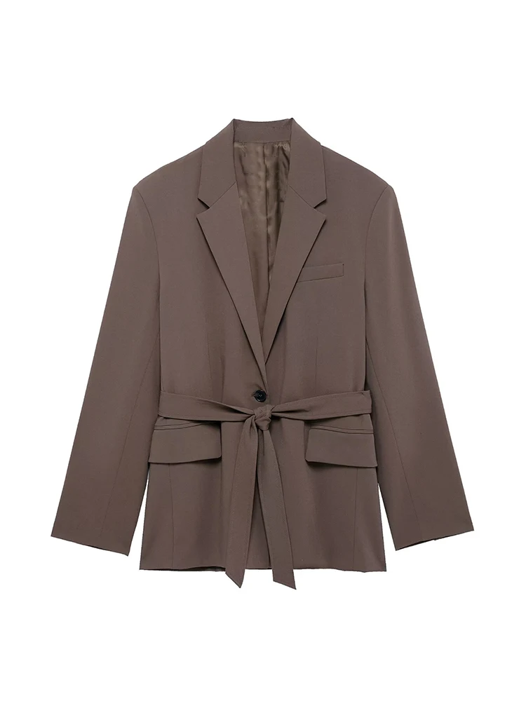 

Willshela Women Fashion With Belt Brown Single Breasted Blazer Vintage Notched Neck Long Sleeves Female Chic Lady Outfits