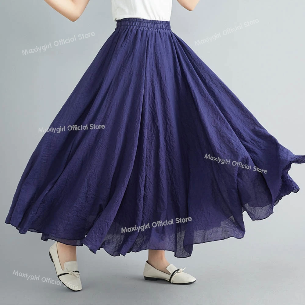 

Mori Girl Literary Cotton Linen Dress Elastic Waist A-line Expansion Skirt Solid Color Ethnic Style Women Long Skirts