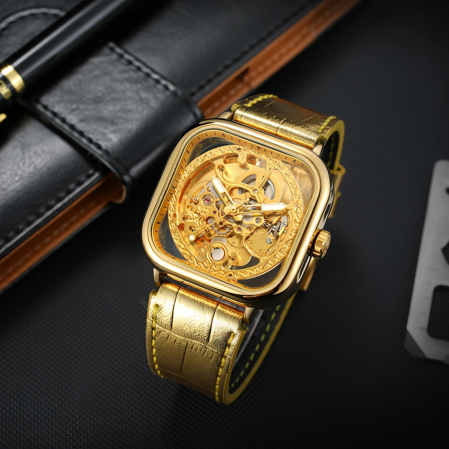 FORSINING Engraved Square Case Men's Watches Automatic Skeleton Mechanical Luminous Hands Carving Genuine Leather Band Man Clock