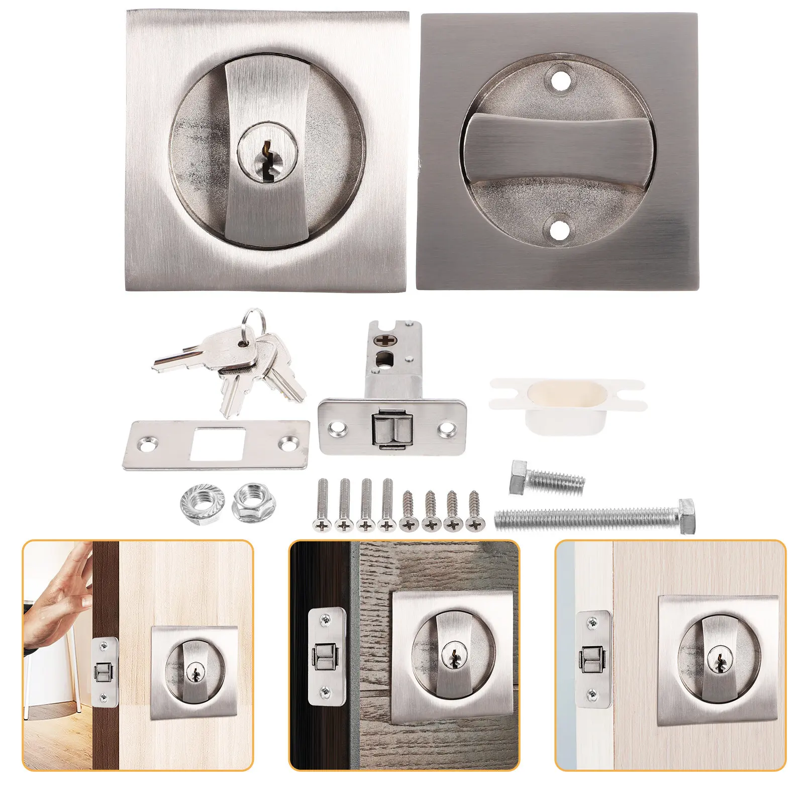 

1Set Pocket Door Lock Metal with Key Stylish Thin Embedded Privacy Latch for Bedroom Bathroom Office Humidity Resistant Hardware