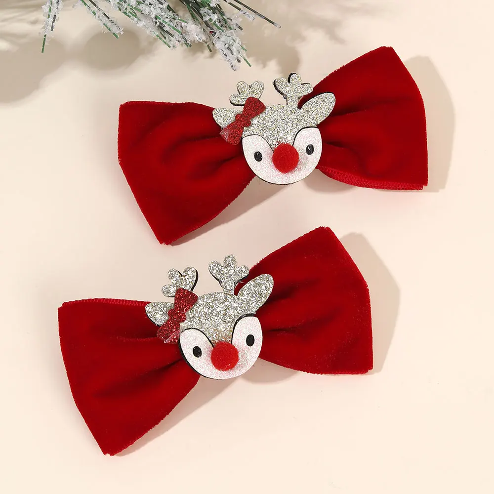 2PCS Velvet Hair Bow Ribbon Clip Glitter Christmas Elk Hairpin Headwear Jingle Bells Barrette Hairgrip Kids Hair Accessories