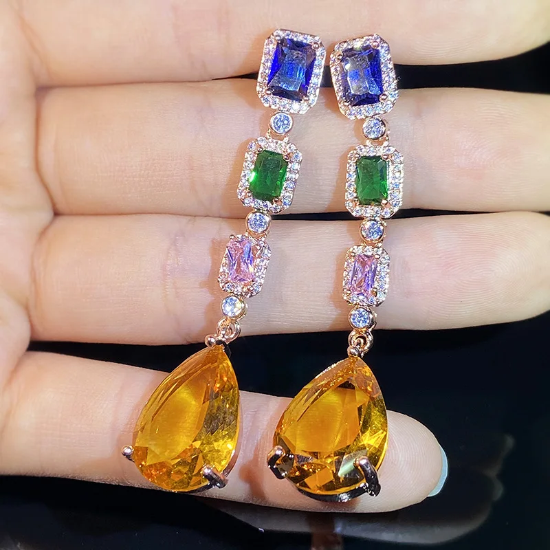 925 silver exquisite fantasy color gemstone tassel earrings retro high-definition water drop fashion dinner temperament earrings