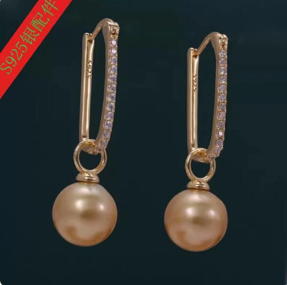 Charming Pair of  9-10mm 10-11mm natural south sea gold round pearl earring 925s