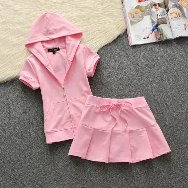 Summer Cotton Tracksuit A-Line High Waist Pleated Mini Skirt Pink Women\'s Hoodies Fashion Slim Waist Casual Tennis Skirts 626