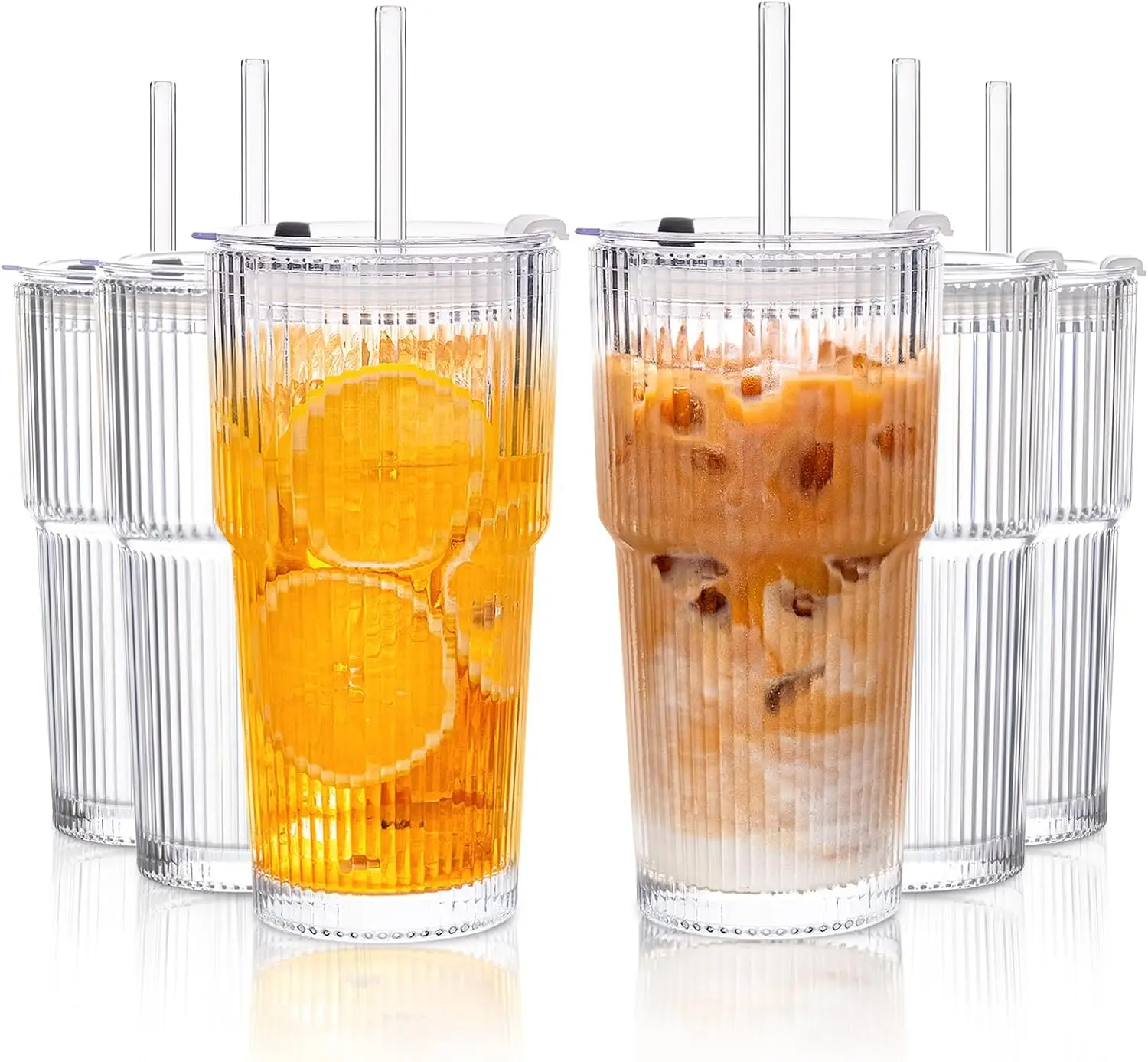 

6-Pack 20 oz Ribbed Glass Tumblers with Lids and Straws – Vintage Iced Coffee Cups, Reusable Smoothie