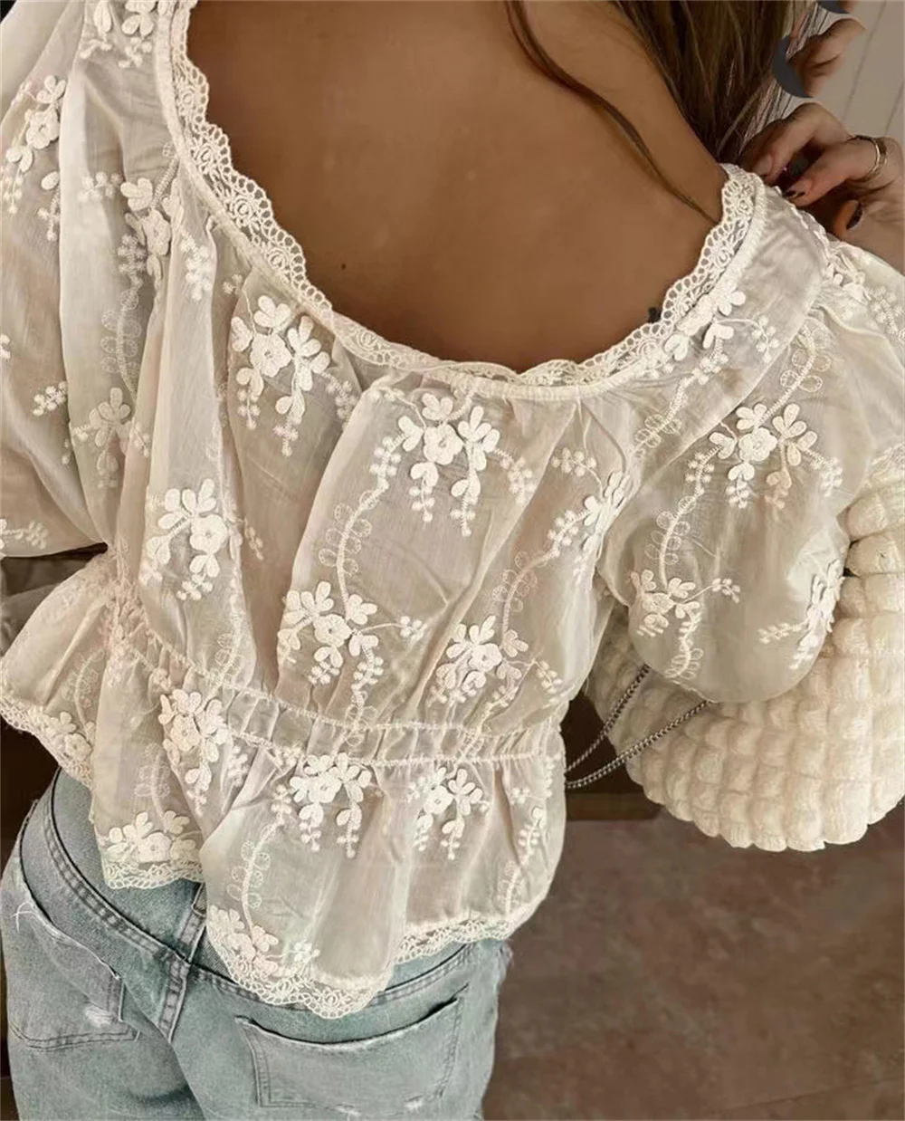 Sweet Embroidery Shirt for Women Spring Summer White Lace Long Sleeve U Neck Single Breasted Loose Elegant Lady Blouses