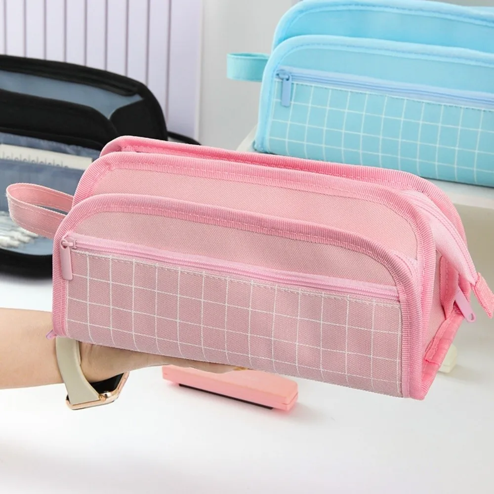 Large-capacity Grid Pencil Case Multi-layer Simple Pen Storage Bag Portable Zipper Student Stationary Boxes Study Supplies