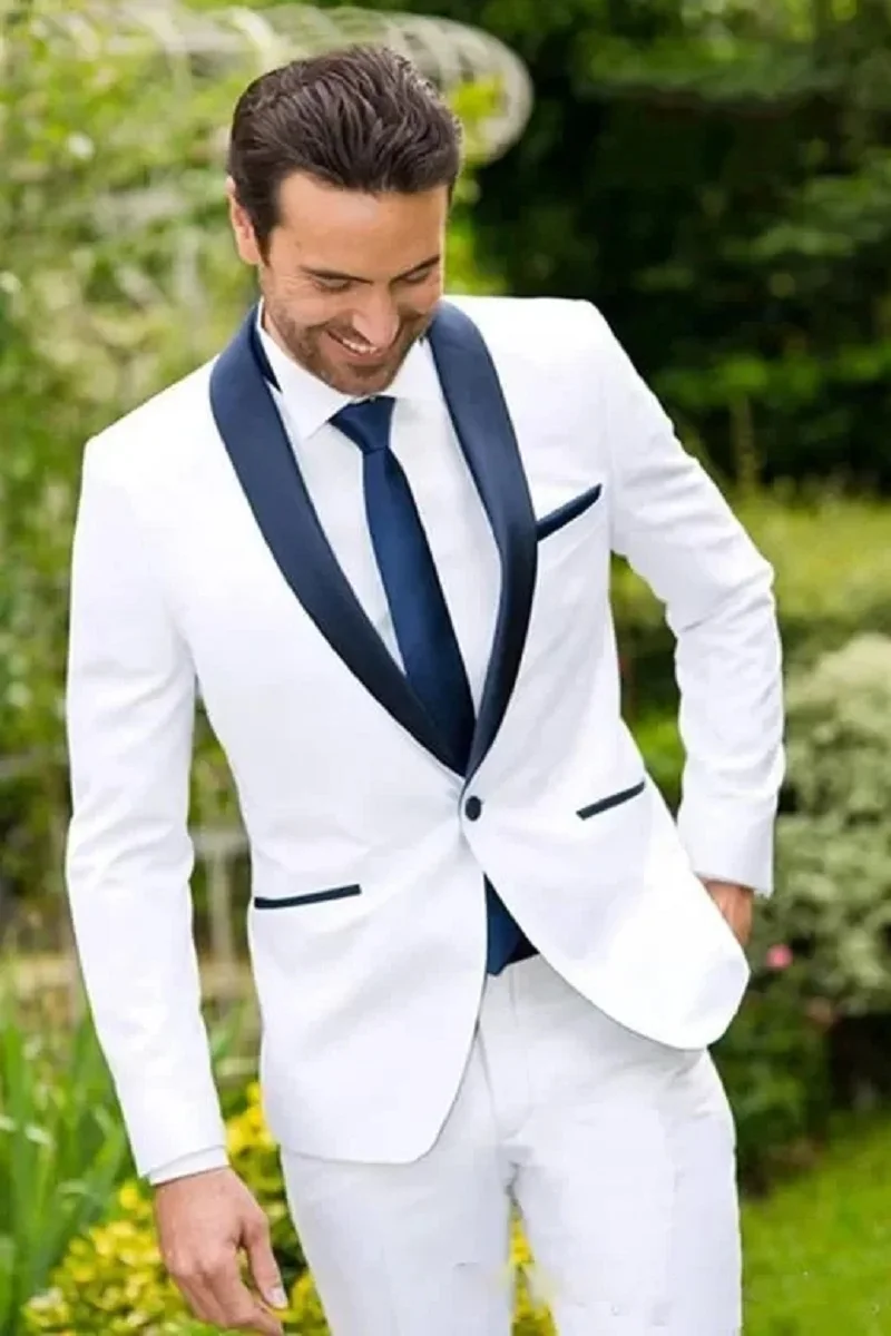 Esmoquin de novio blanco hecho a medida barato solapa azul mejores padrinos de boda traje de hombre trajes de boda traje de negocios de novio