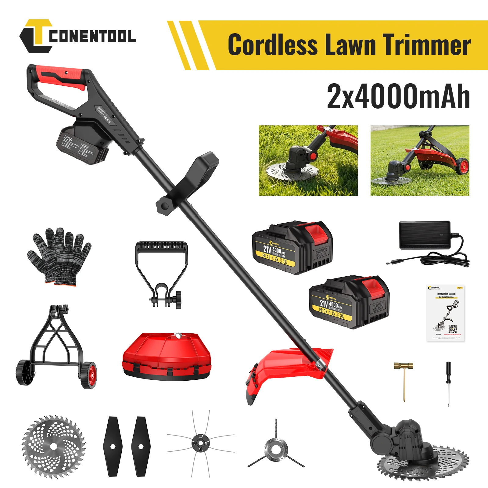 CONENTOOL 4-in-1 Kabelloser Rasenmäher 10 Zoll Bürstenloser Rasentrimmer Doppelter Sicherheitsschalter Hilfsrad Garten Akku Rasenmäher