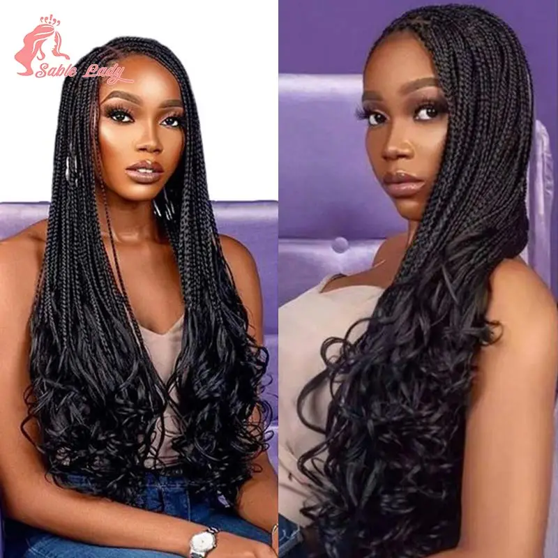 Pelucas trenzadas sintéticas sin nudos para mujeres negras, pelucas de encaje completo con extremos rizados, Peluca de cabello trenzado frontal, estilo bohemio, 18 pulgadas