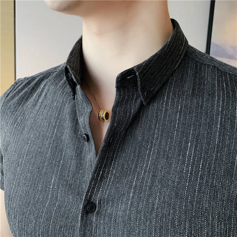 Plus Size 4XL-M Summer Mens Dark Striped Shirts Short Sleeve Fashion 2022 Korean Slim Casual Business Formal Wear Dress Blouse