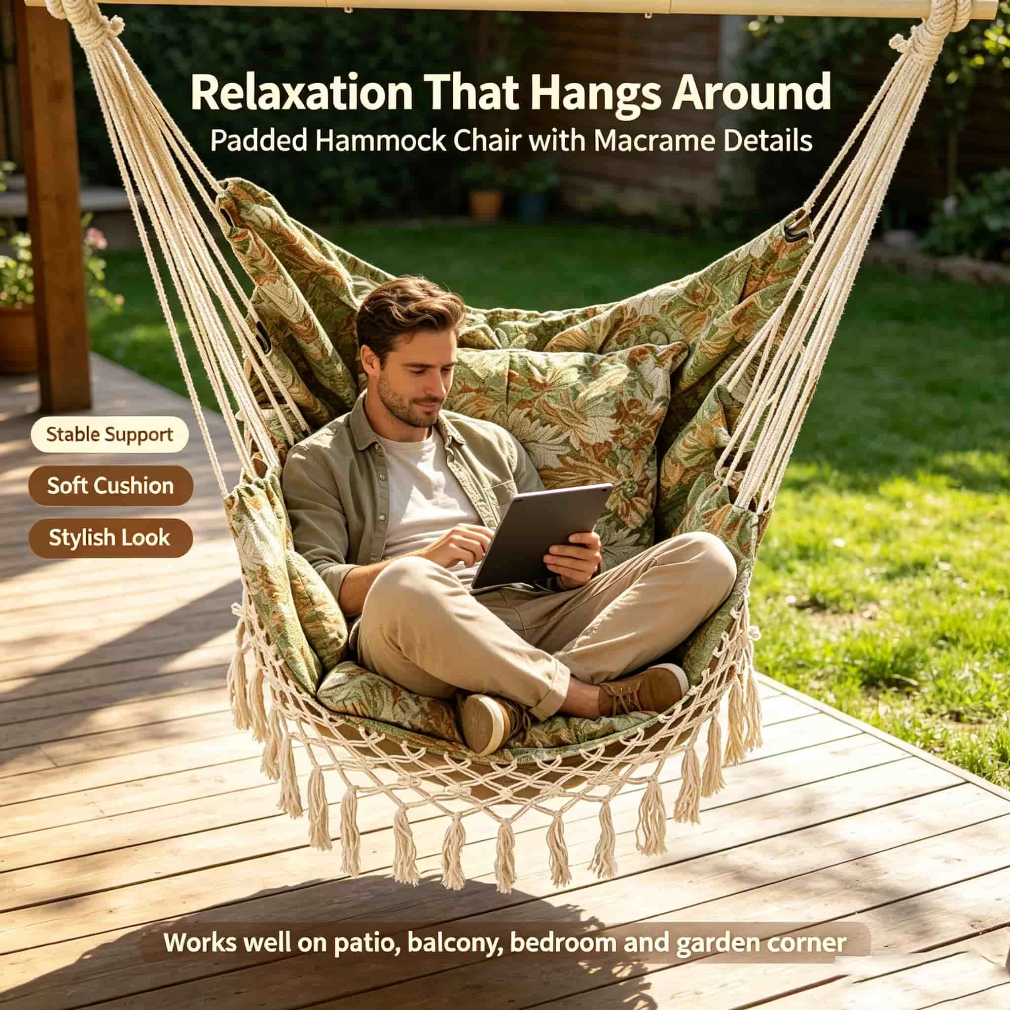 Comfortable Hanging Hammock Chair with Wooden Spreader‑Bar Boho Tassel Floral Swing Seat for Balcony Bedroom Garden Patio