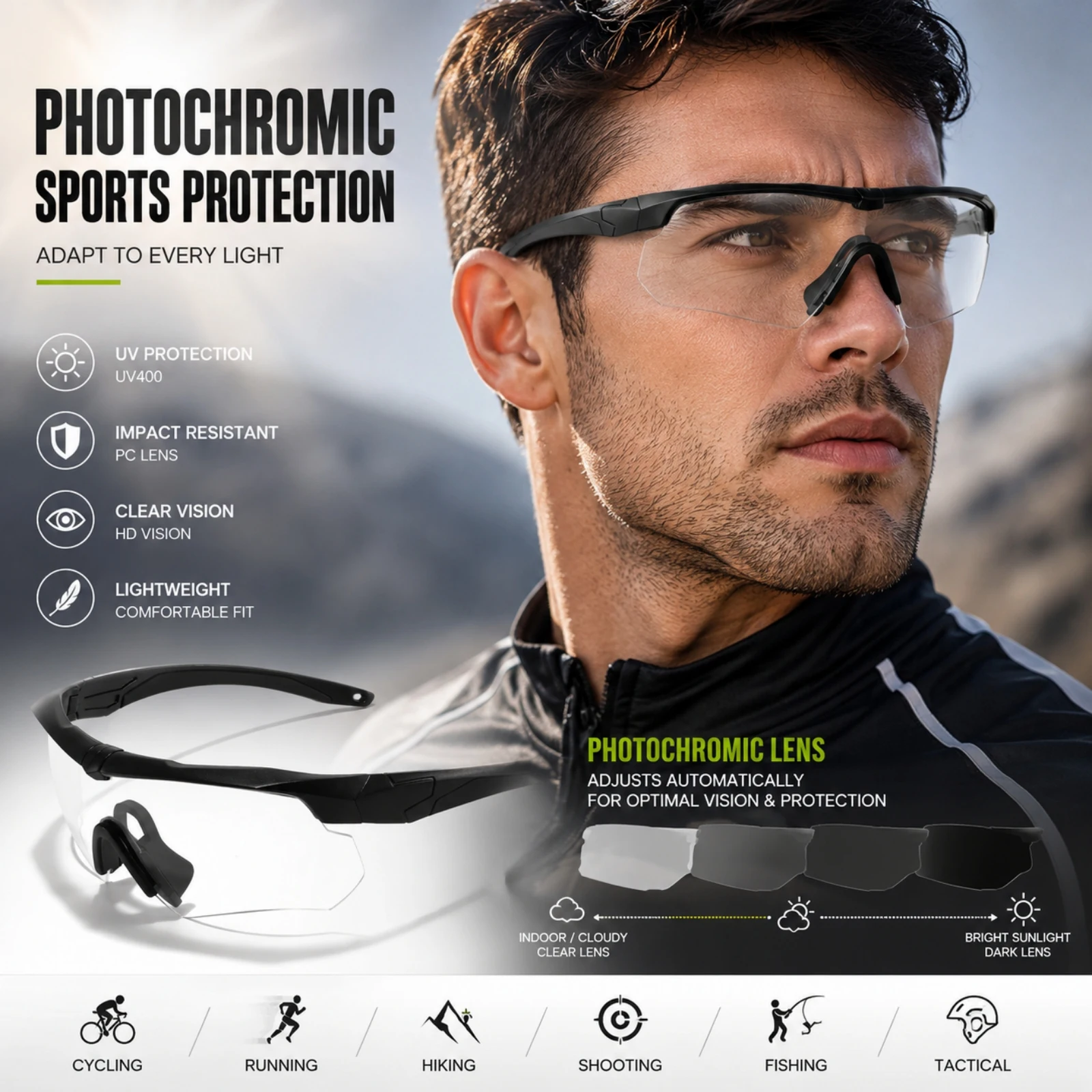 Photochromic Sports Protective Sunglasses, Wrap-around Comfort Eyewear for Daily Leisure, Motorcycle Cycling, Hunting & Outdoor