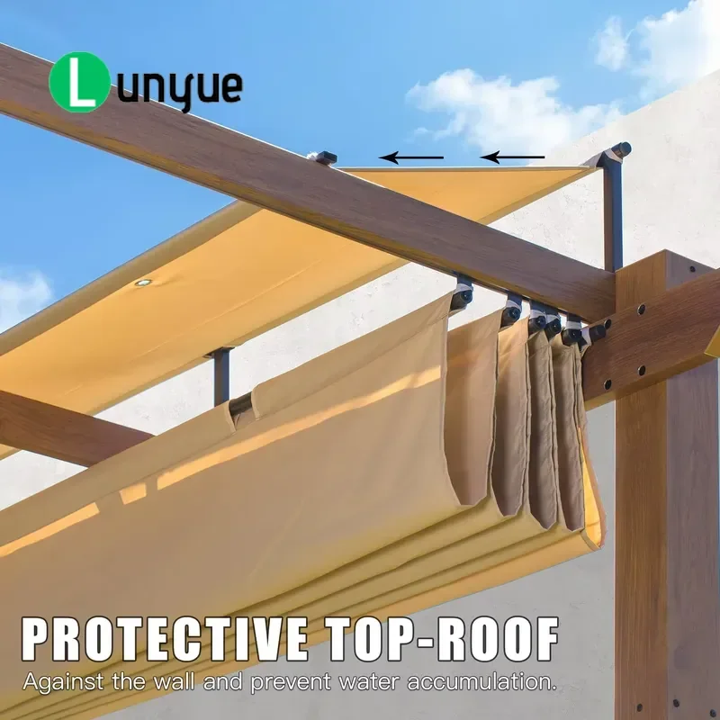 399x280cm Outdoor Telescopic Aluminum Garden Pergola Weather Resistant Canopy with Teak Coating for Patio Backyard