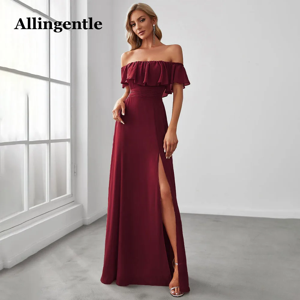 

Allingentle Bridesmaid Dresses 2024 Women's Off Shoulder Ruffle Sleeves Burgundy Chiffon Prom Evening Gowns Maxi Dress Side Slit