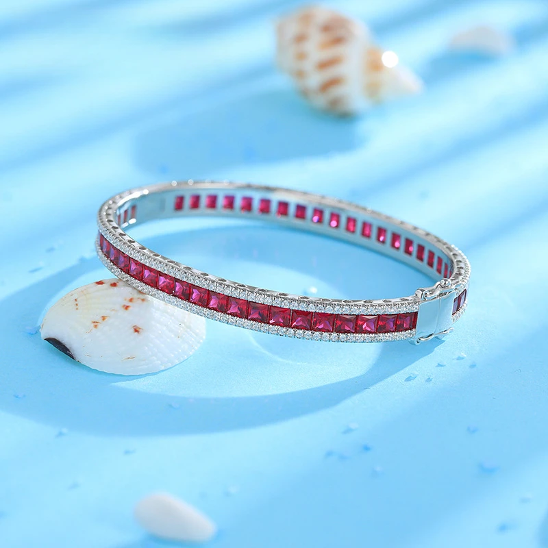 Hot Sale Lab Grown Ruby 2*2MM Princess Cut Silver Bangle Gemstone Tennis Bracelet For Christmas Party Women Jewelry