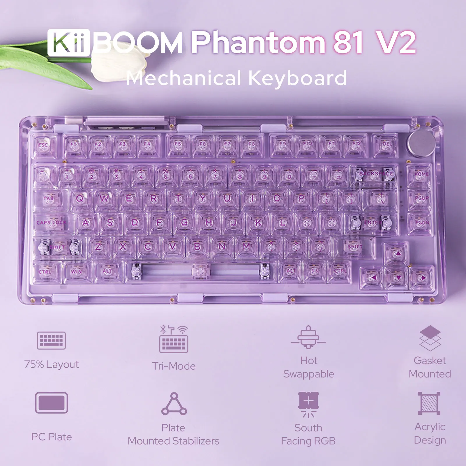 KiiBOOM Phantom 81 V2 Upgraded Crystal Gasket-Mounted USB-C Wired/Bluetooth5.0/2.4GHz Wireless Hot-Swappable Mechanical Keyboard