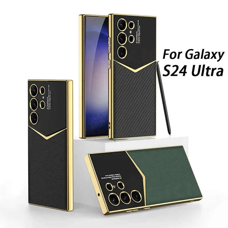 

Original Case For Samsung Galaxy S24 Ultra Luxury Plating Leather Case Shockproof Protective Soft Cover For Galaxy S23 Ultra