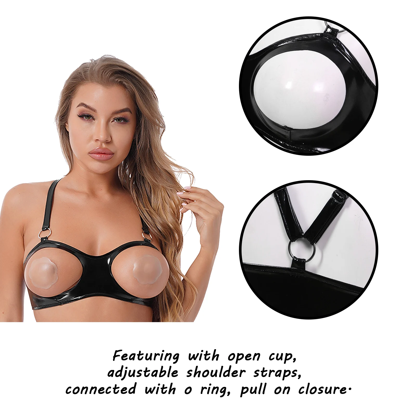 Womens Wet Look Patent Leather Open Cup Bra Tops Adjustable Straps O Ring Crop Top Lingerie Underwear