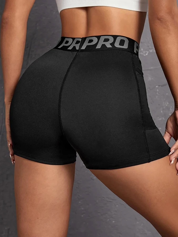Damen-Leggings mit hoher Taille, Schriftzug am Bund, einfarbige Sportshorts für atmungsaktives, schnell trocknendes Laufen, Fitness, Tennis, Workout-Shorts – Detail 4