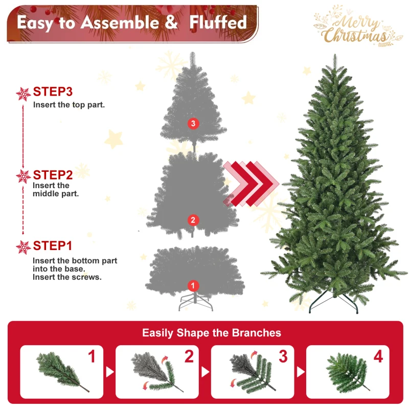 6ft Full Lush Artificial PVC PE Tree 1168 Branch Tips Hinged Mixed Needles Tree With Sturdy Metal Easy Assembly Holiday Tree