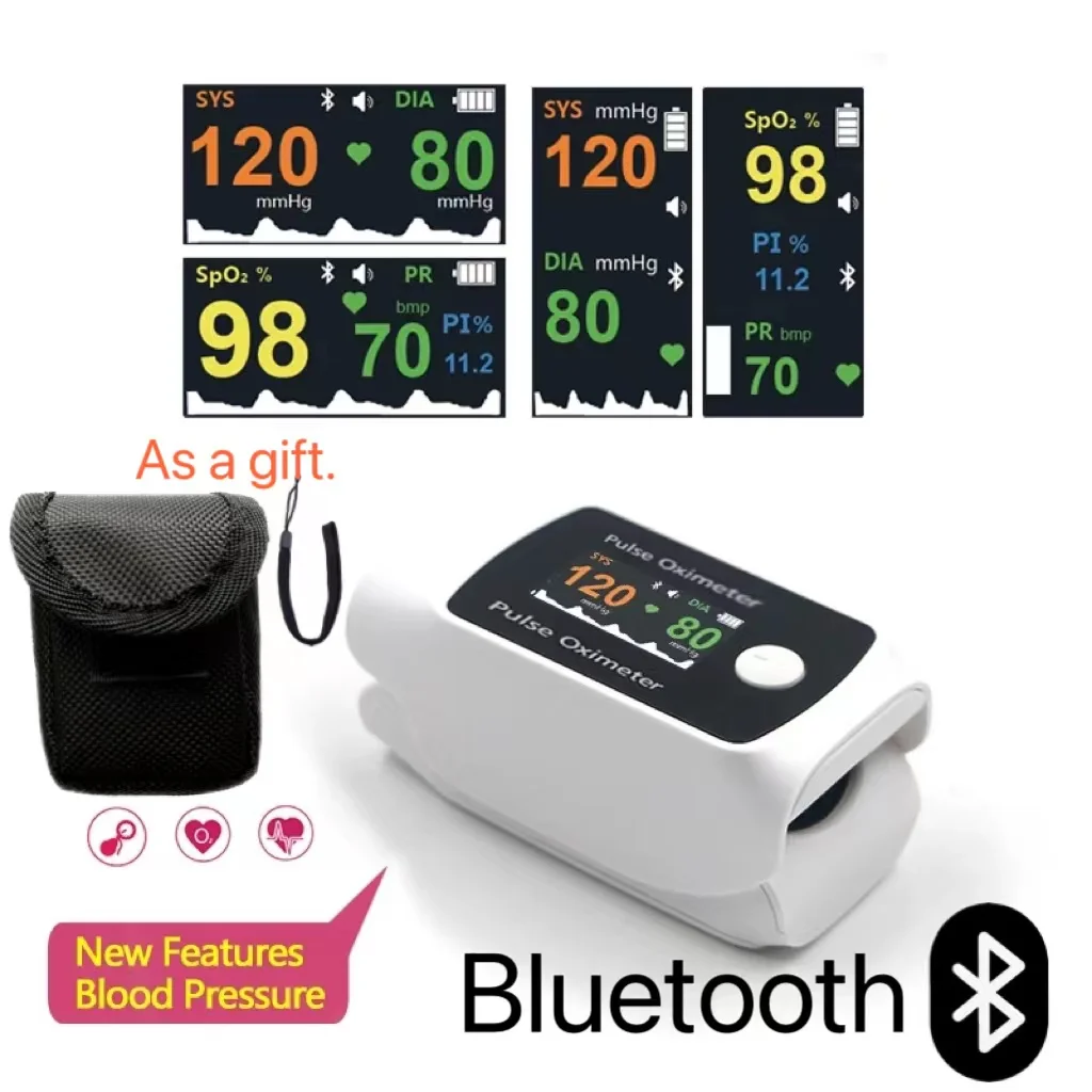 Bluetooth Fingertip Pulse Oximeter with Blood Pressure Monitoring Function, Heart Rate, SpO2, Blood Oxygen Saturation Monitor