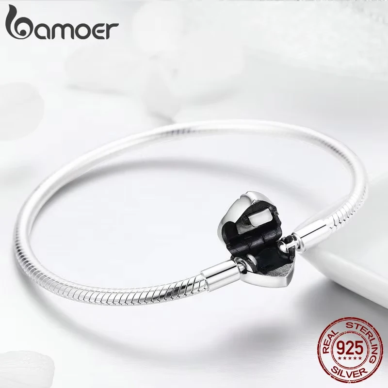 BAMOER 100% Plata de Ley 925 primavera Árbol de la vida forma de corazón cierre pulsera de cadena de serpiente joyería de plata esterlina S925 SCB066