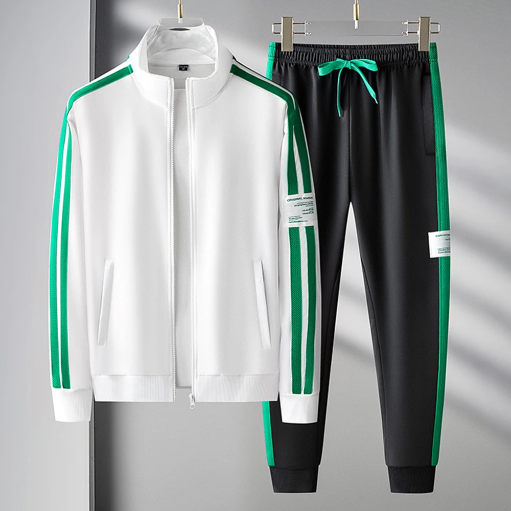 Mens Casual Striped Contrast Sports Suit Mens Two-Piece Cardigan Zipper Sportswear Spring And Autumn Mens Sportswear Sports Suit